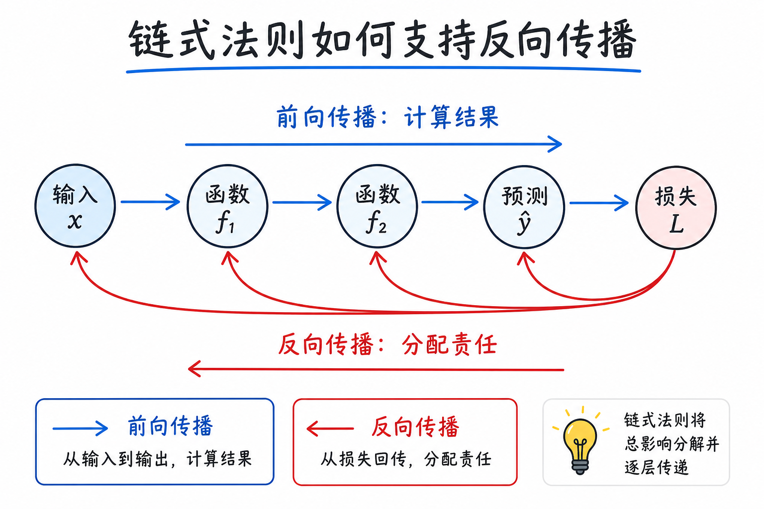链式法则计算图与反向传播示意图