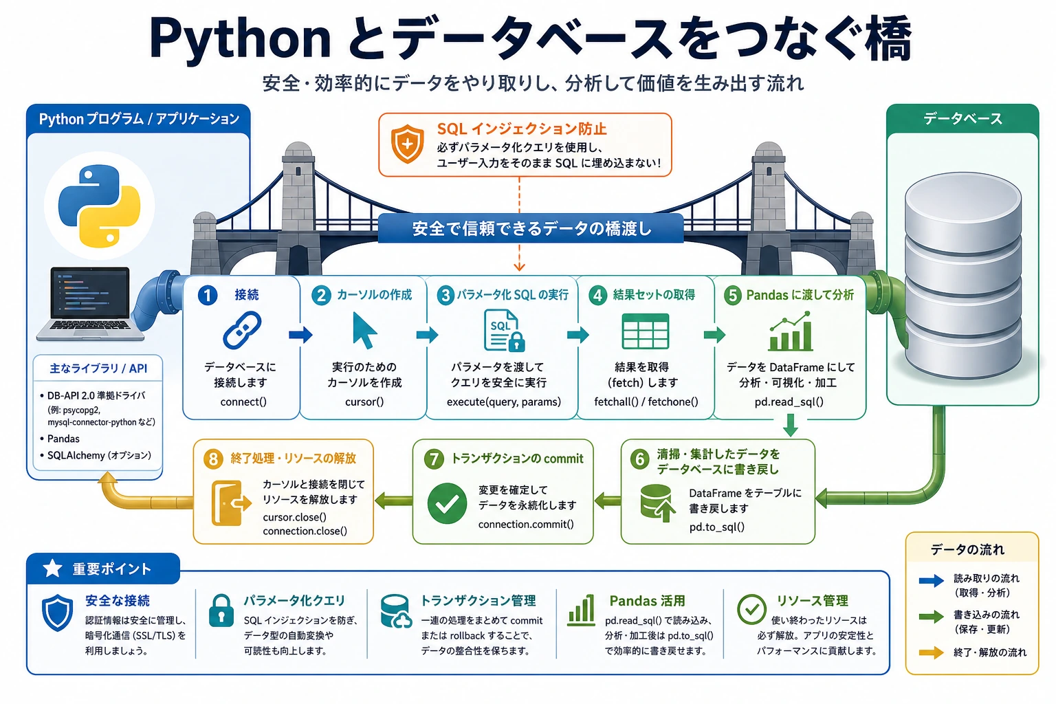 Python とデータベースをつなぐ橋の図