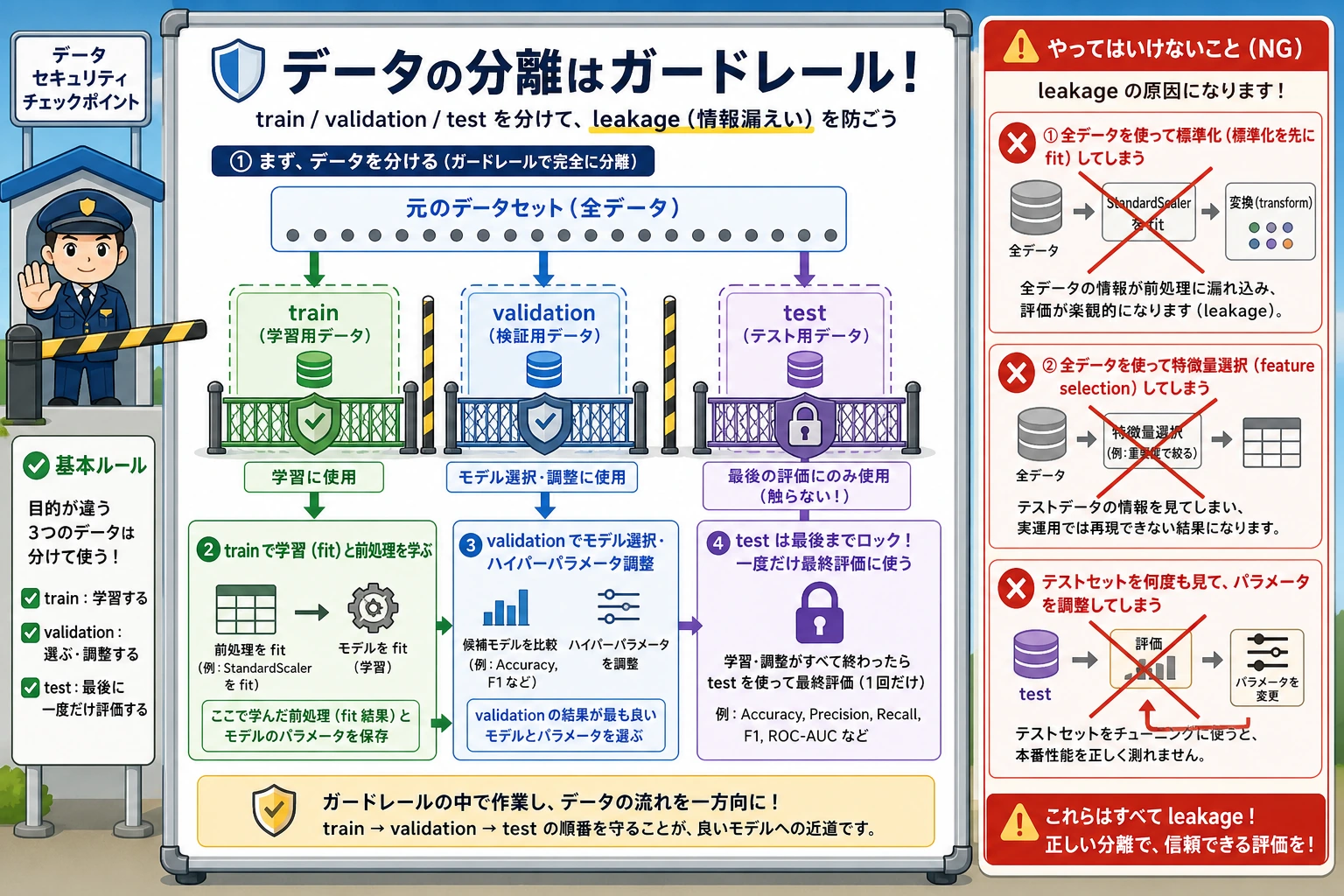学習・検証・テストとデータ漏えいのガードレール図