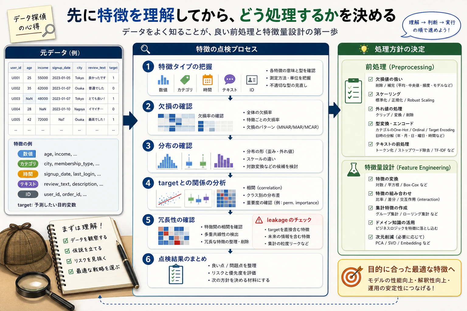 特徴理解と漏洩チェックの図
