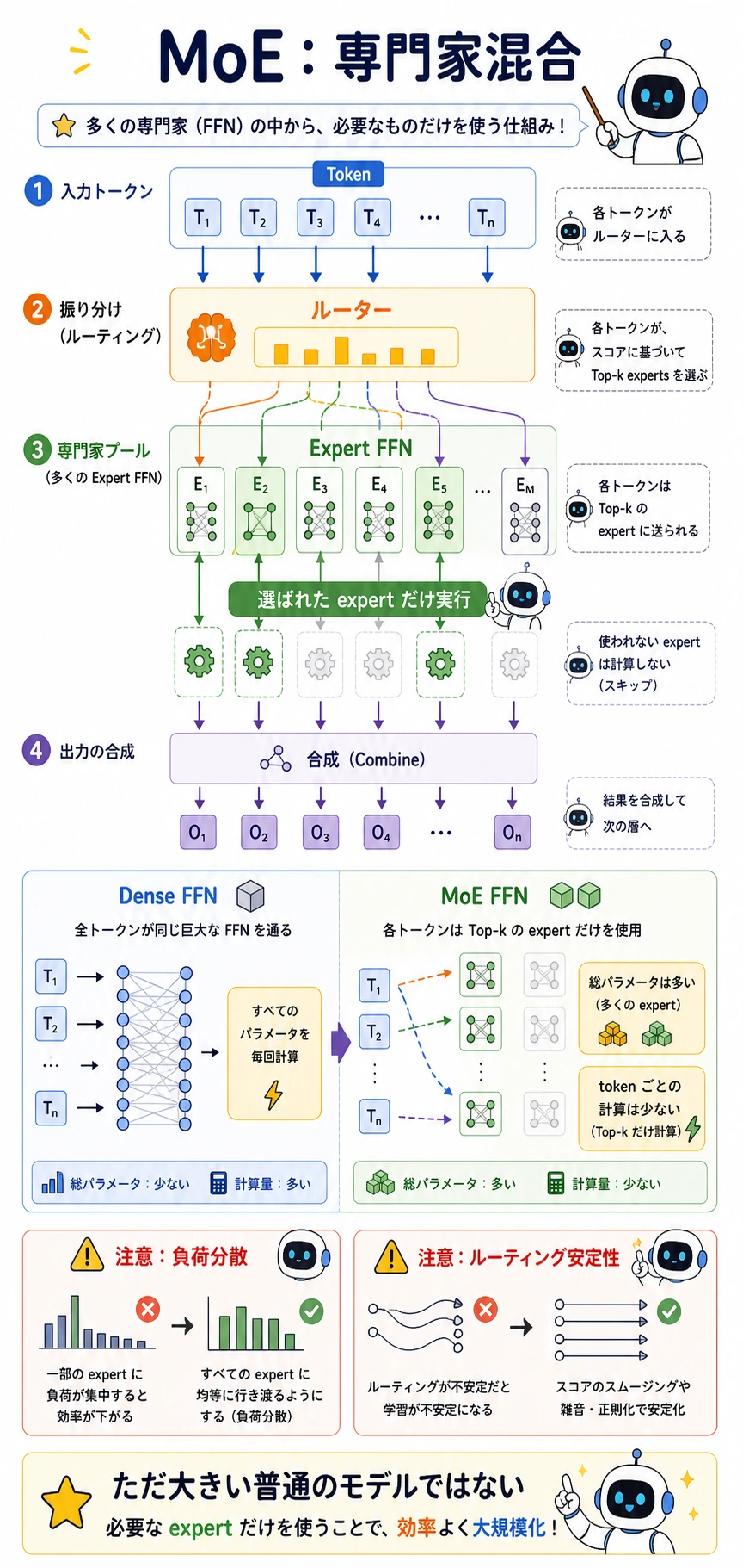 MoE の token ルーティングと expert 活性化図