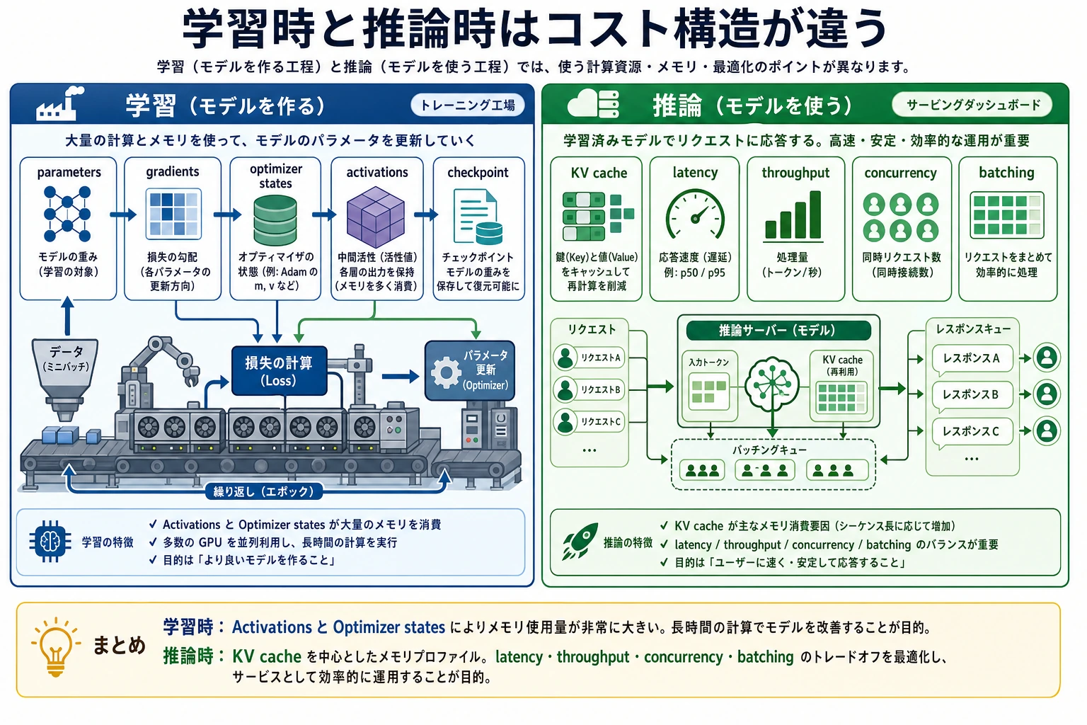 学習時と推論時のコスト構造の比較図