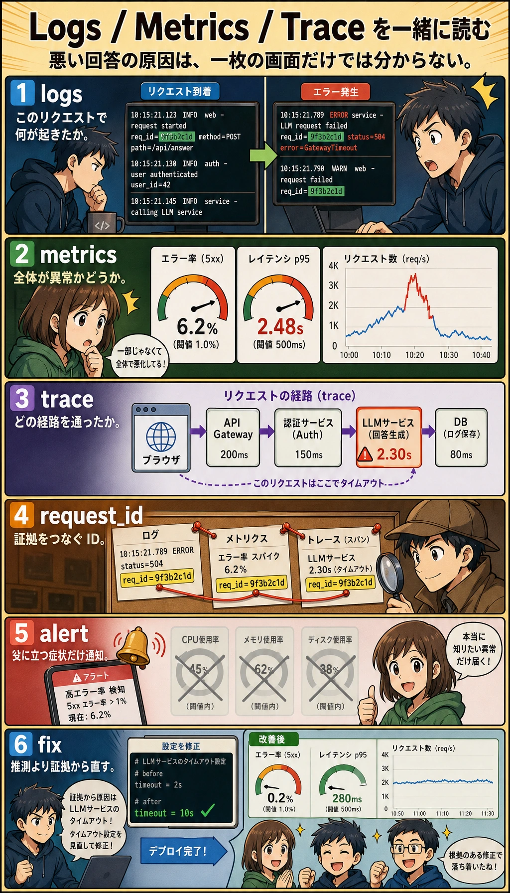 ログ、指標、Trace の可観測性図