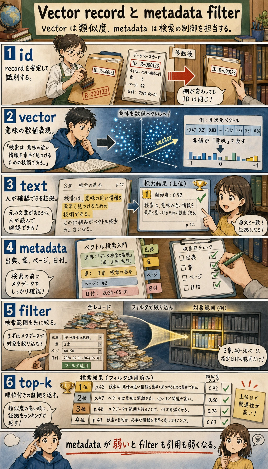ベクトルストアのレコードとメタデータフィルタの図