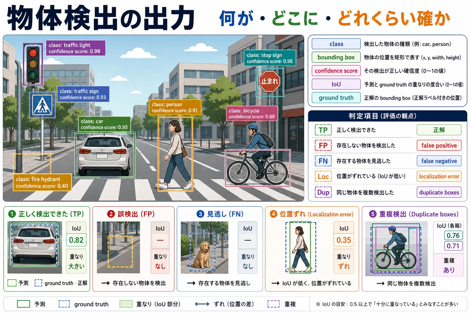 物体検出出力、IoU とエラータイプの図