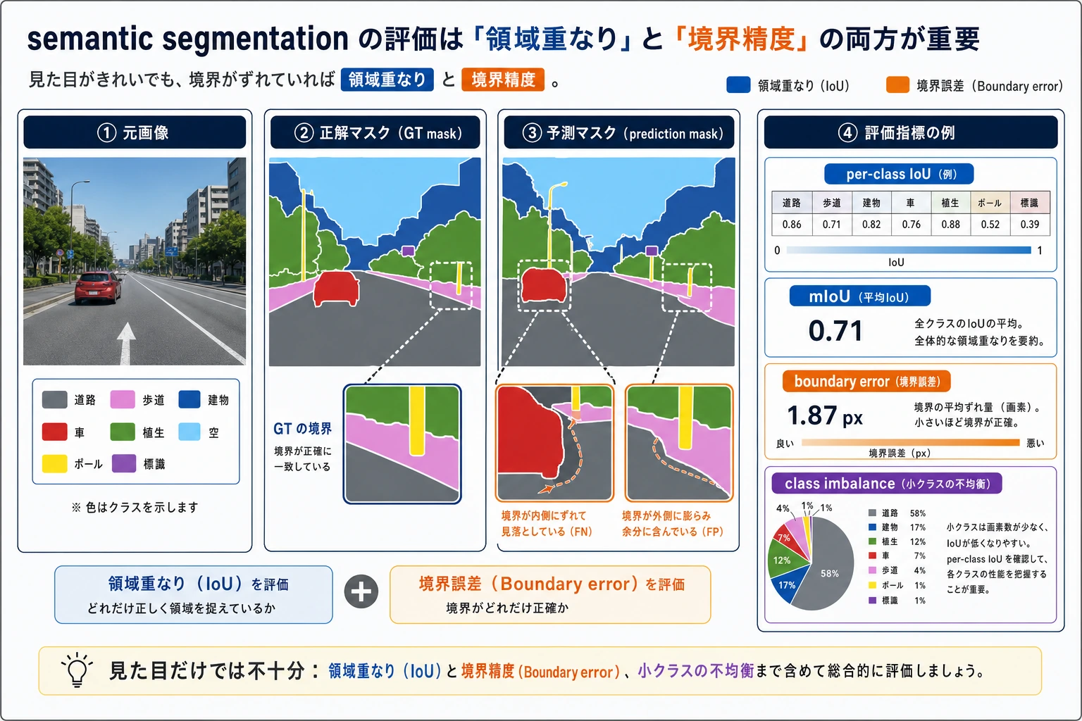セマンティックセグメンテーション Mask、IoU、境界誤差の図