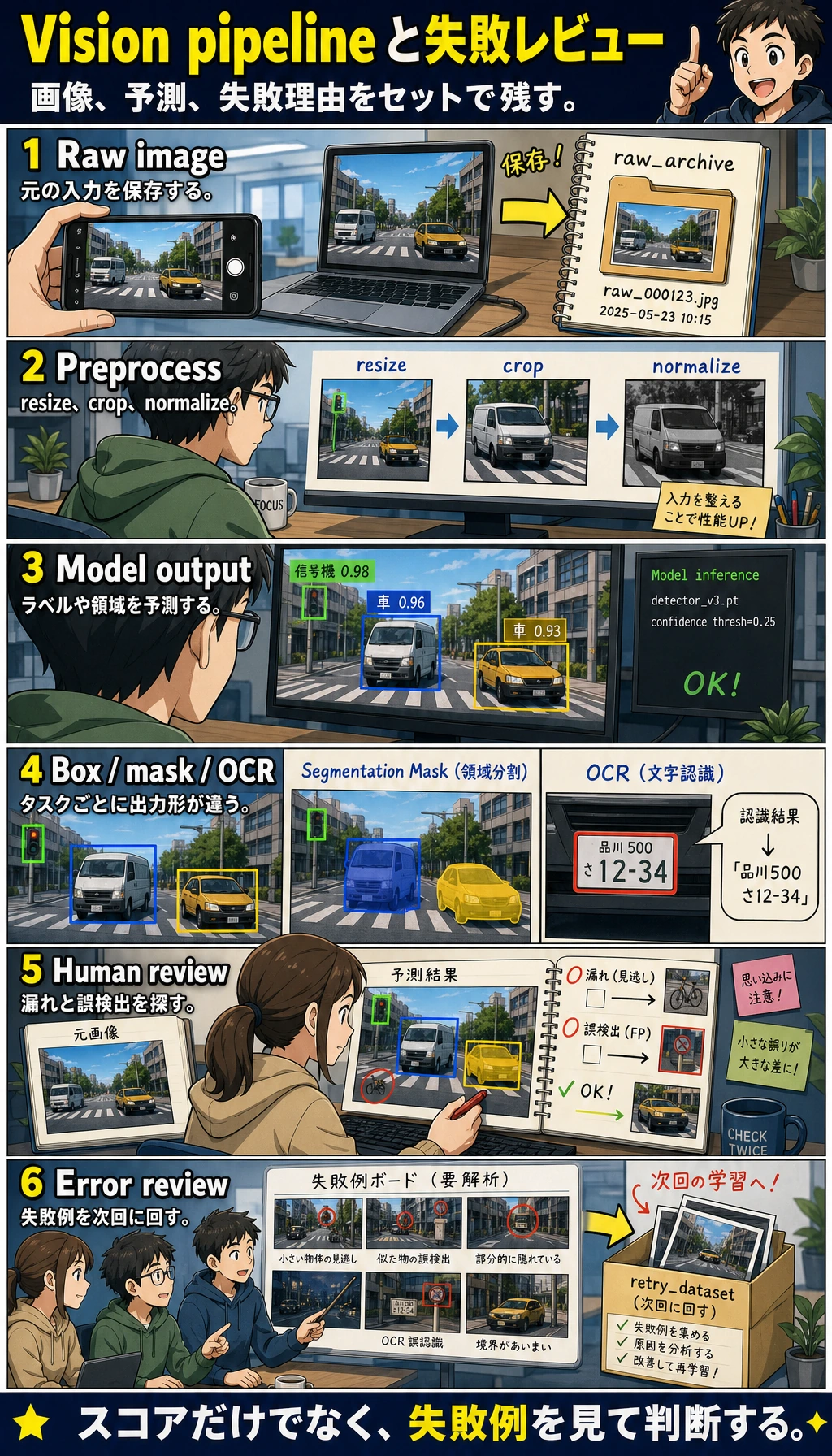 視覚パイプラインと失敗レビューのループ