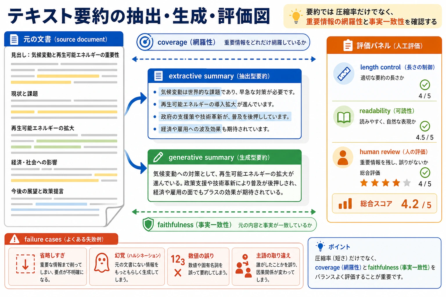 テキスト要約の抽出・生成・評価図