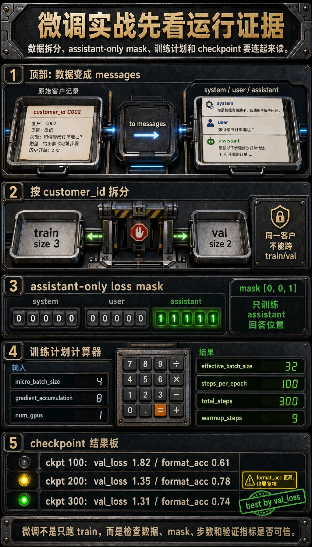 微调运行证据图:串联数据拆分、assistant-only loss mask、训练计划输出和 checkpoint 选择