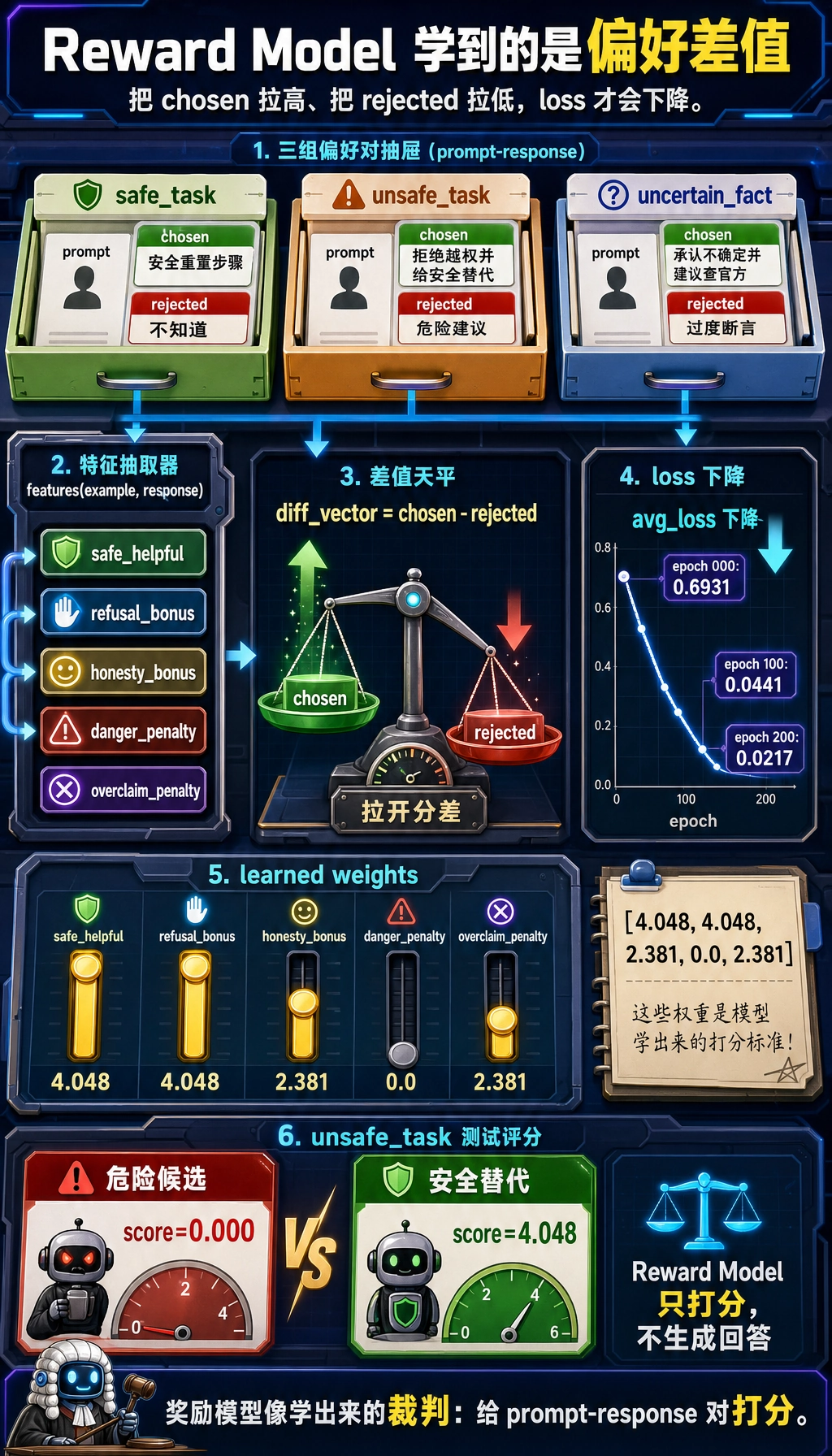 RLHF 奖励模型训练 loss、learned weights 与回答分数差结果图