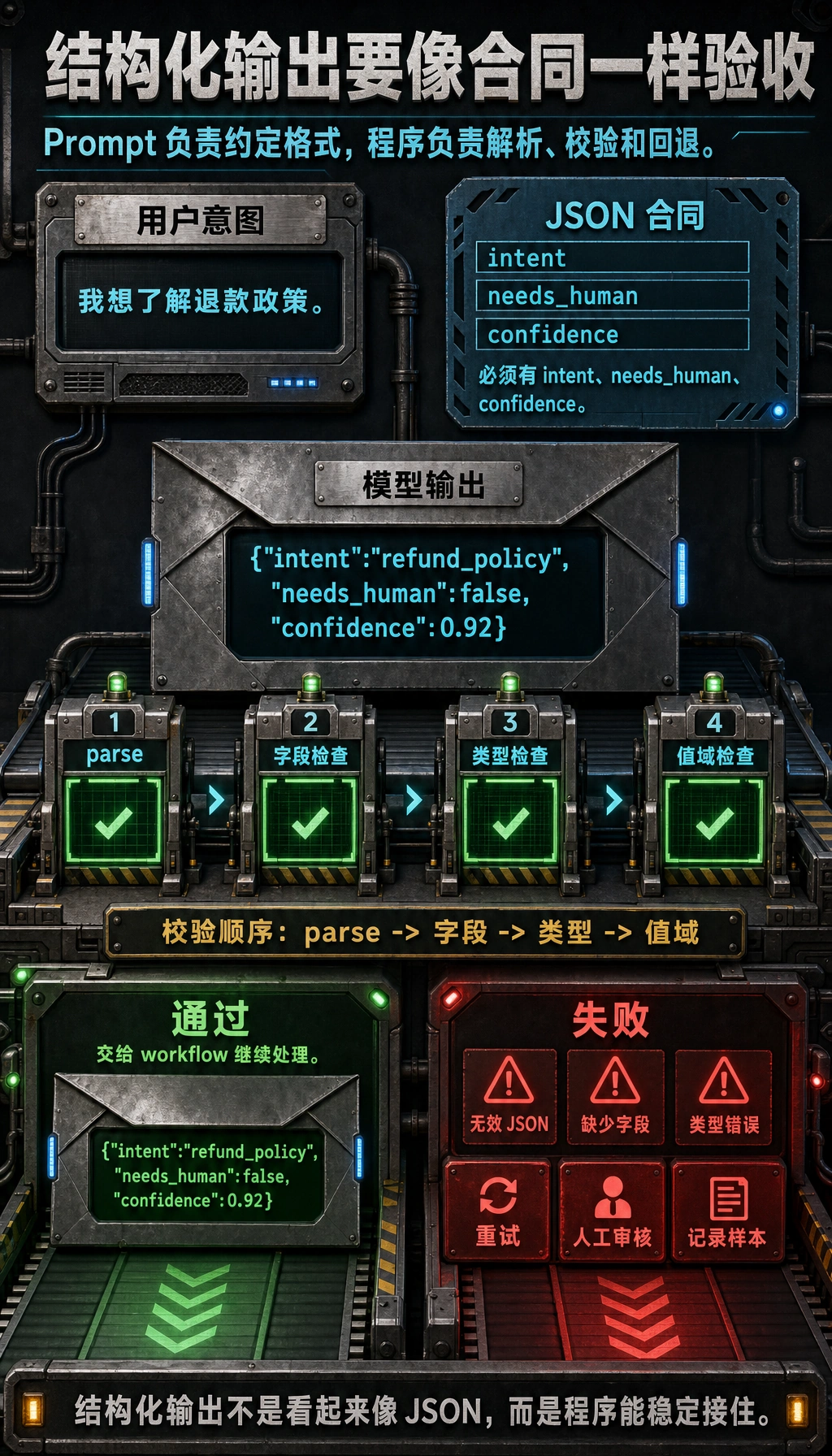 结构化输出合同与校验闭环图