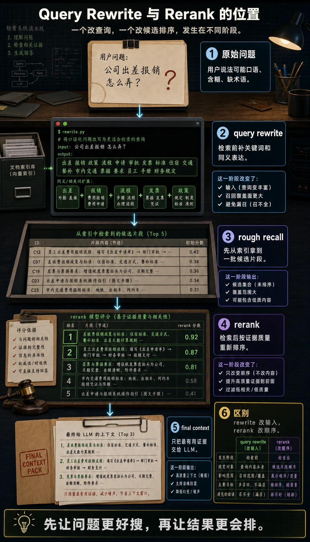 Query Rewrite 与 Rerank 双阶段漏斗图