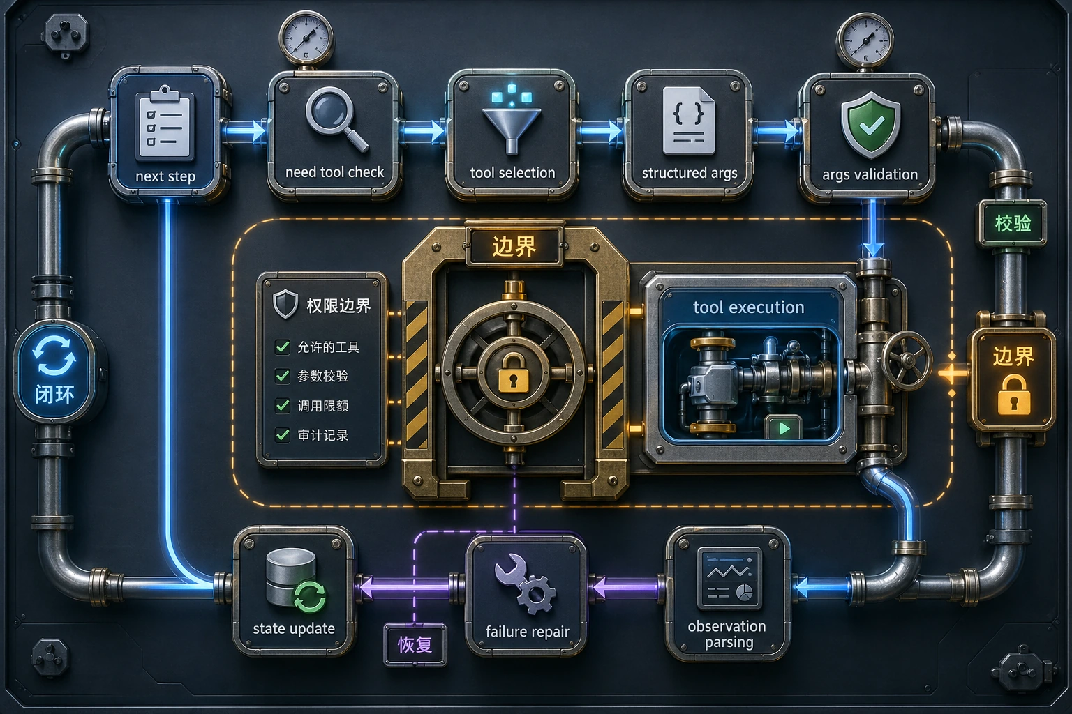 Agent 受控工具调用闭环图