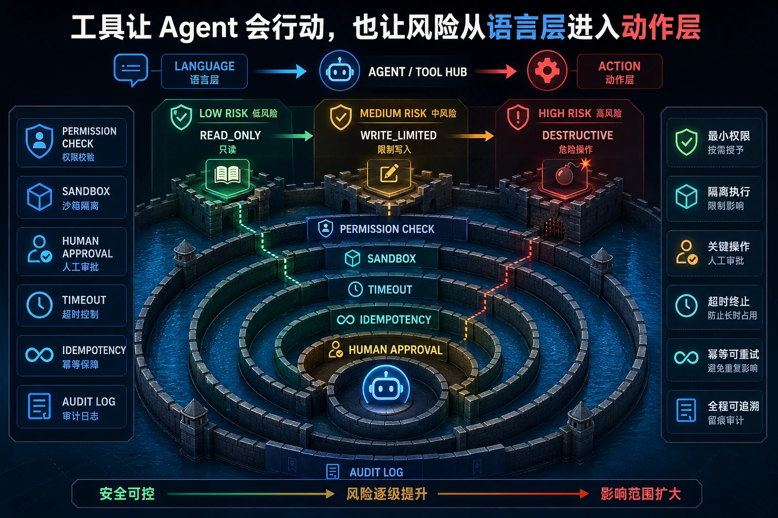 工具安全权限、沙箱与审计图